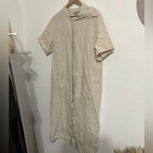 Tan Gingham hooded linen dress